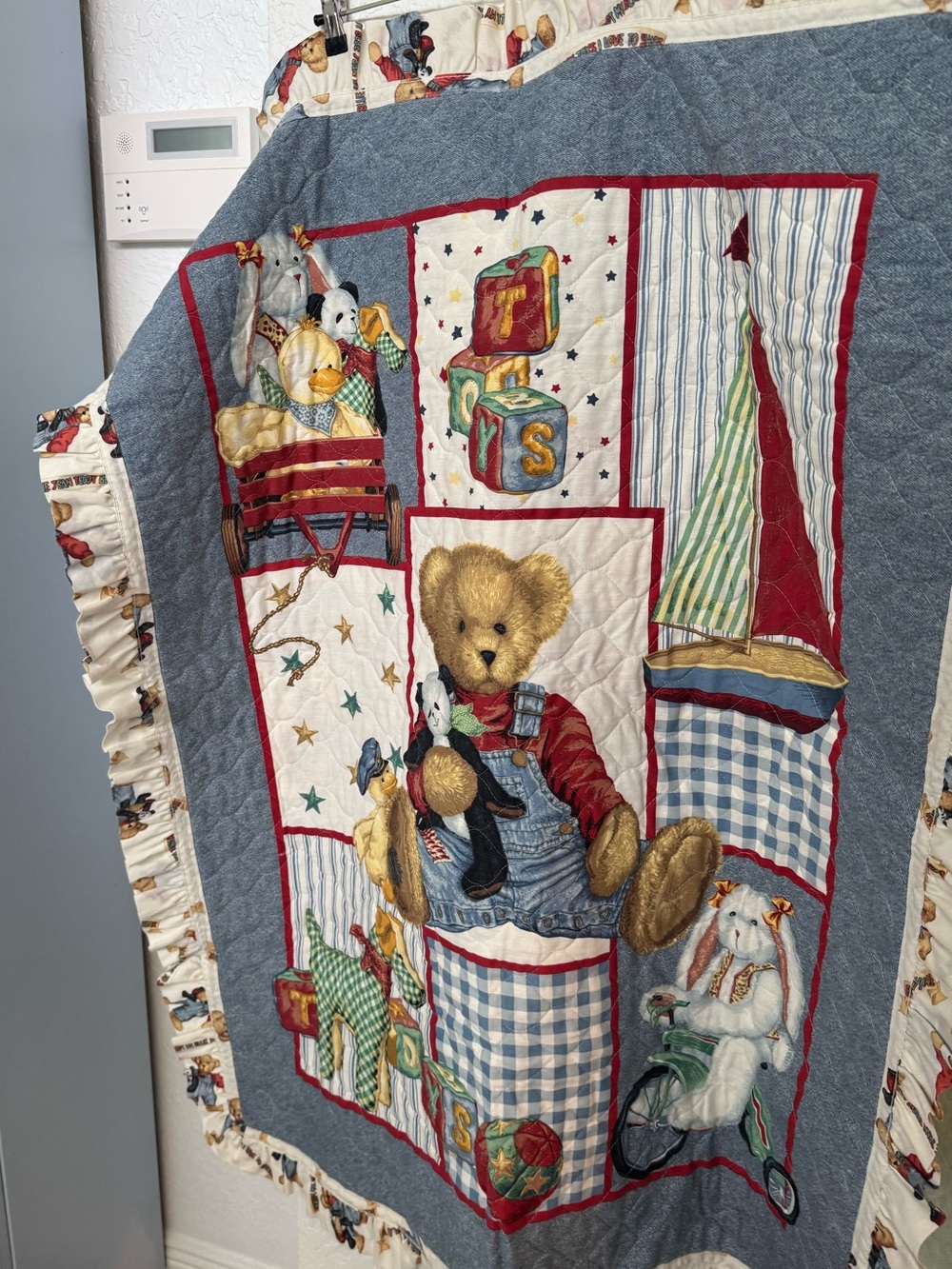 Vintage Teddy Bear Patchwork Baby Quilt in Blue, Red, Cream